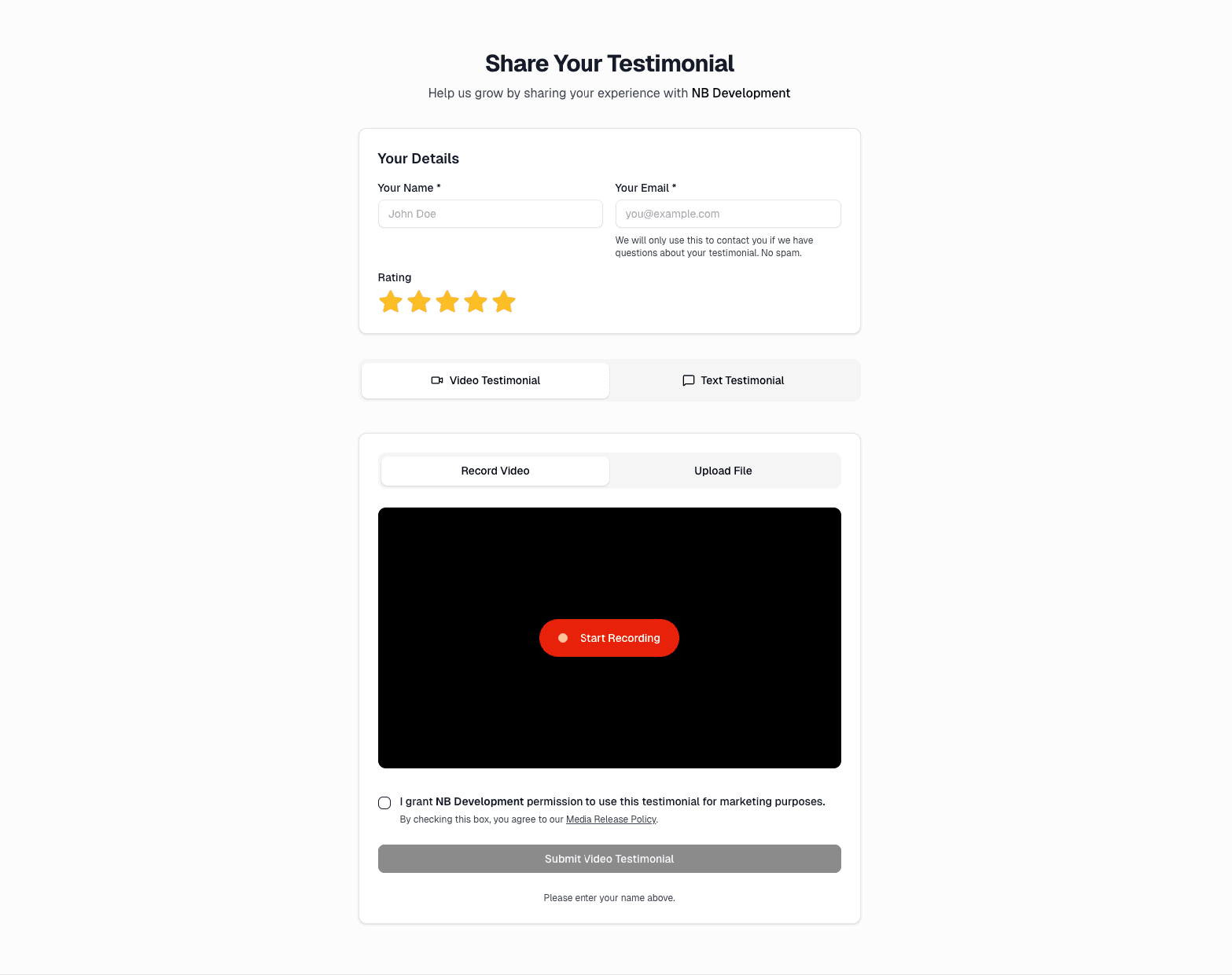 CreditReel collection page - clients record video or text testimonials