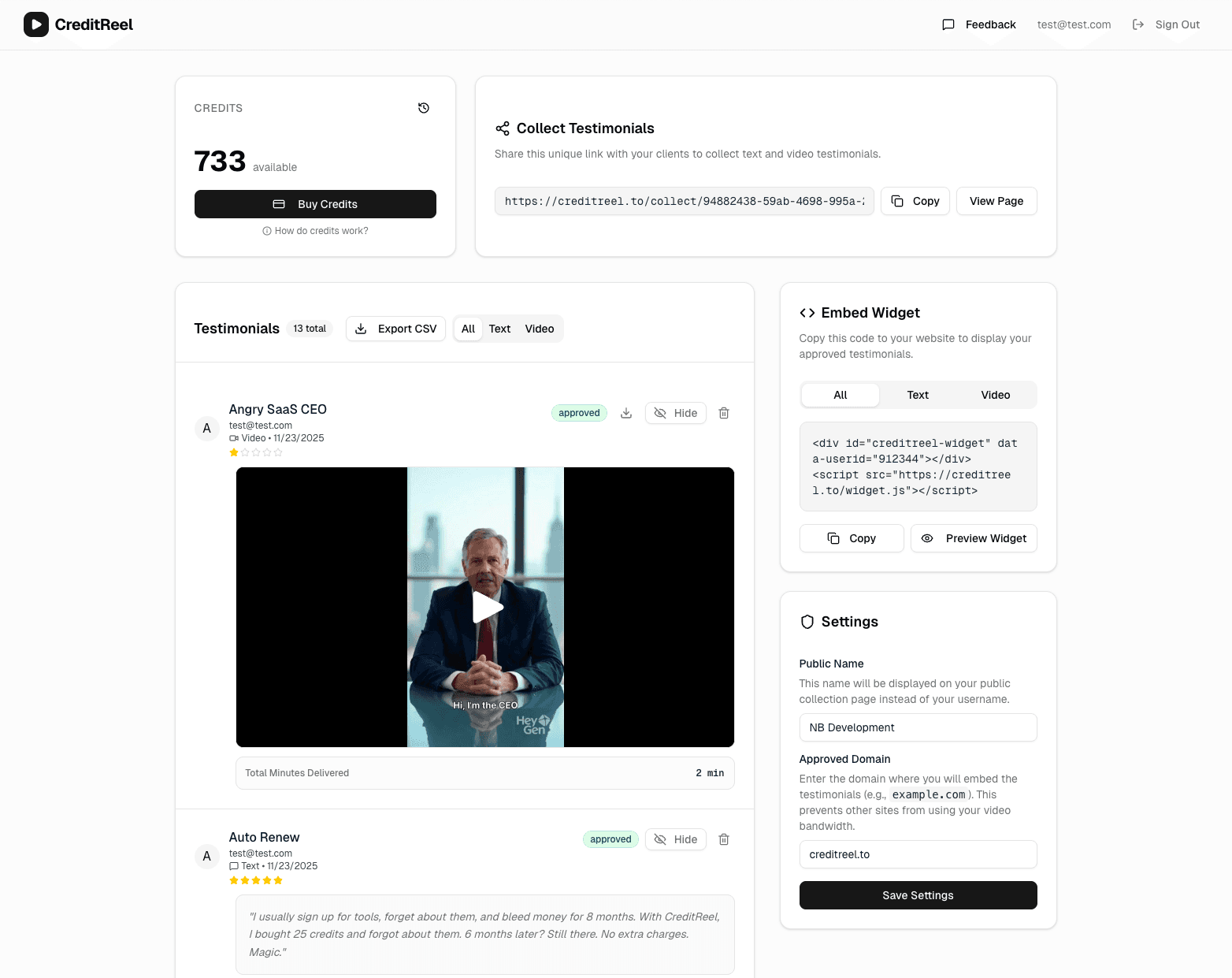 CreditReel dashboard - manage and embed testimonials
